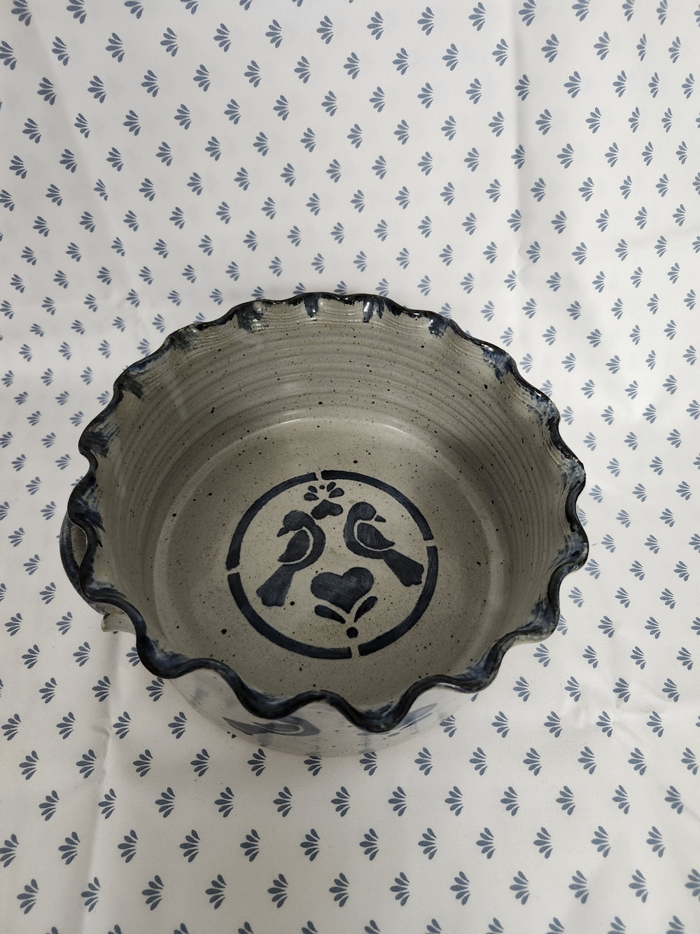Handcrafted Gray Ceramic Bowl with Blue Bird Motif